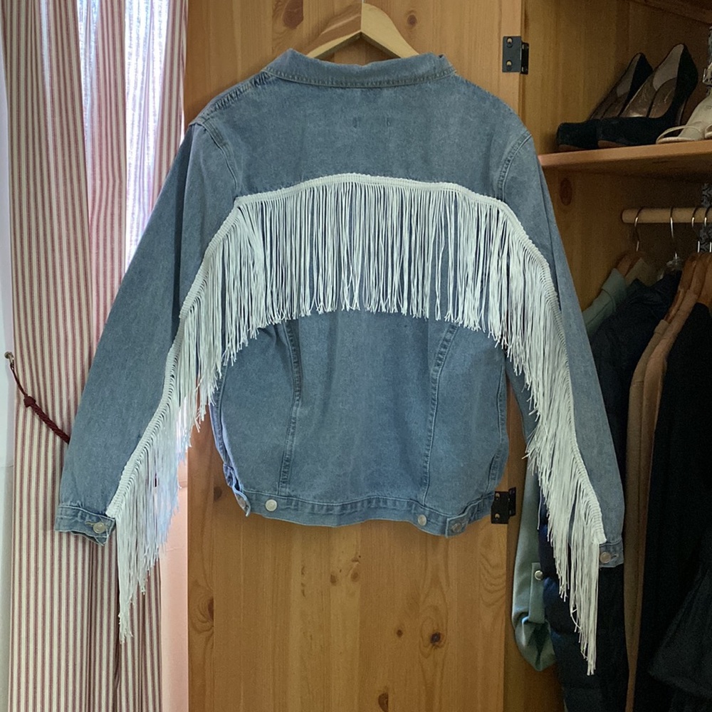 Oversized Denim Jacket With White Fringe Trimming